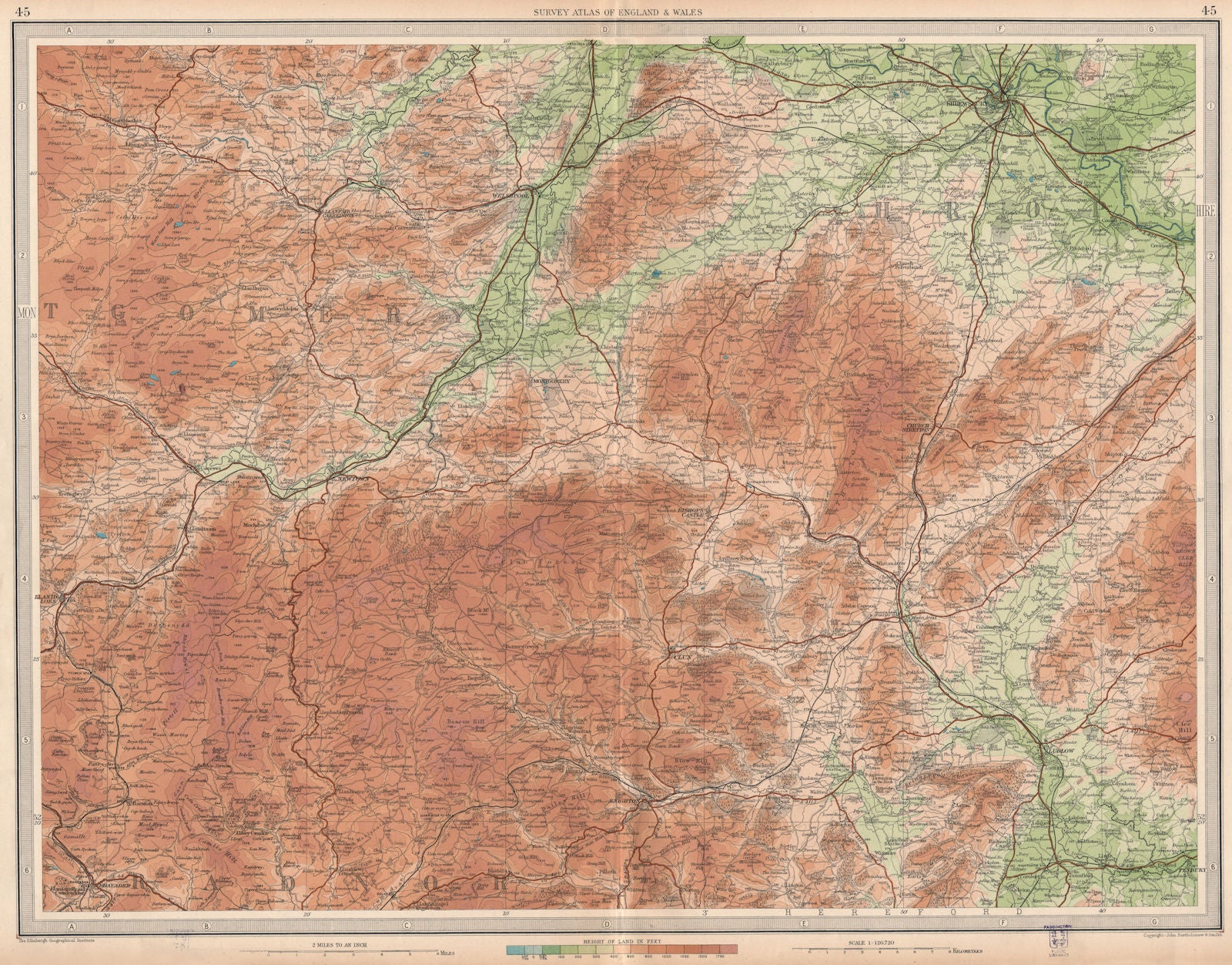 SHROPSHIRE HILLS. Montgomery Shrewsbury Ludlow Clun Welshpool Wales 1939 map